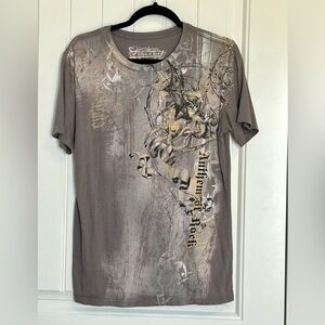 Affliction Anthem of Rock Taupe Graphic Crewneck Tee with Gothic Crest